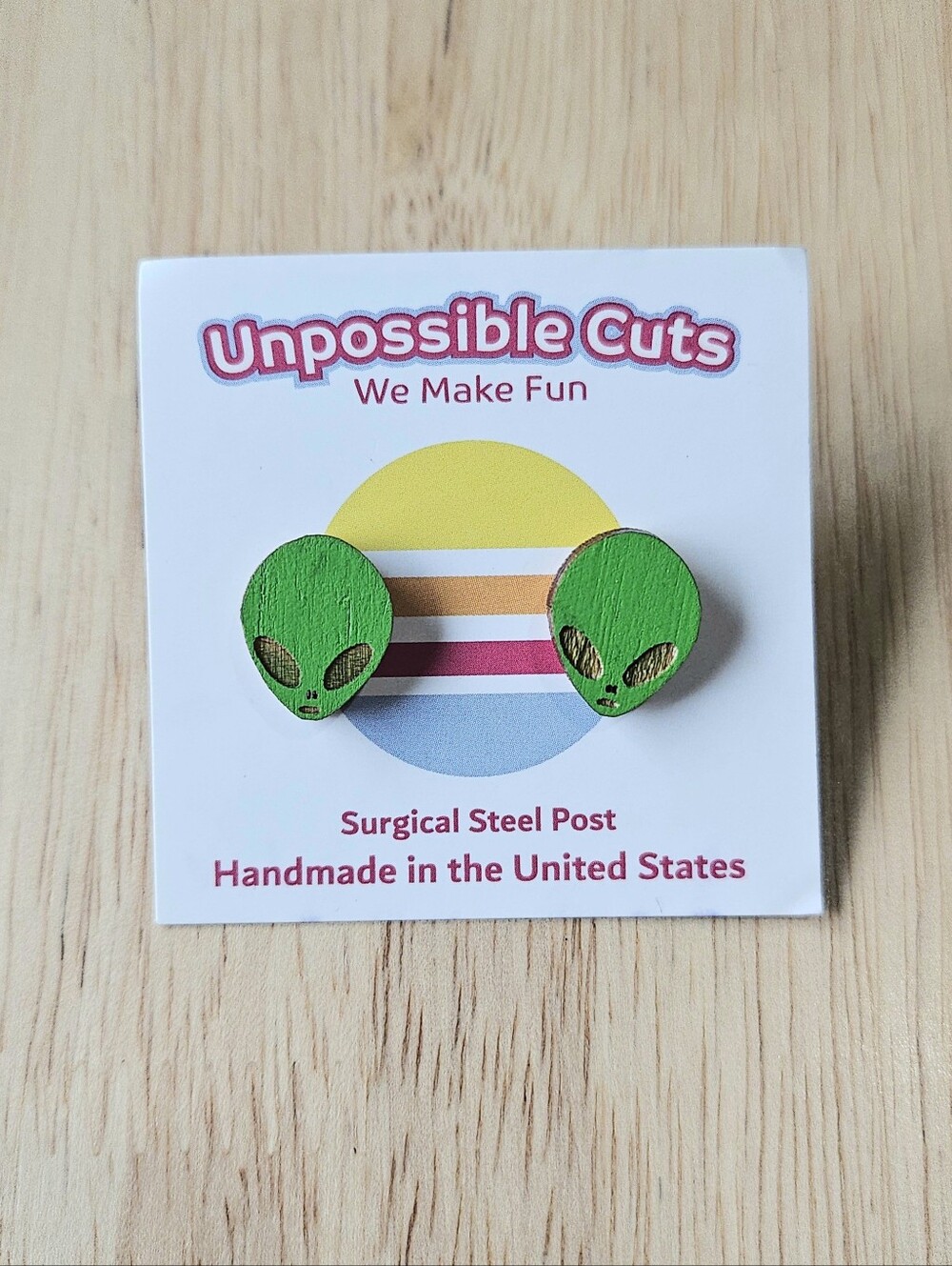 NWT Unpossible Cuts Wooden Green Alien Stud Earrings